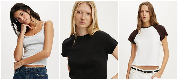 Three women wearing casual basic tops