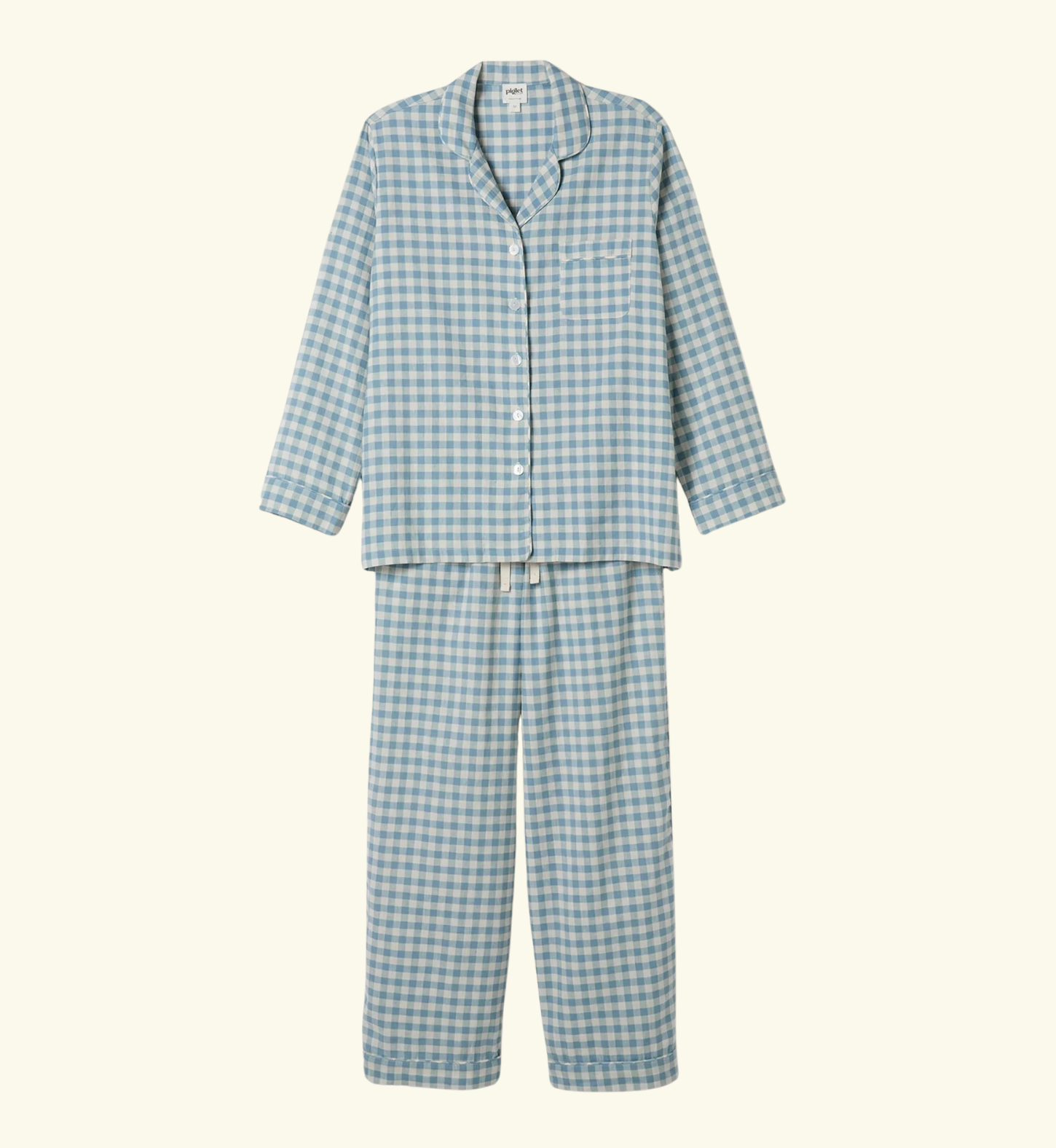 Warm Blue Gingham Linen Blend Pajama Pants Set