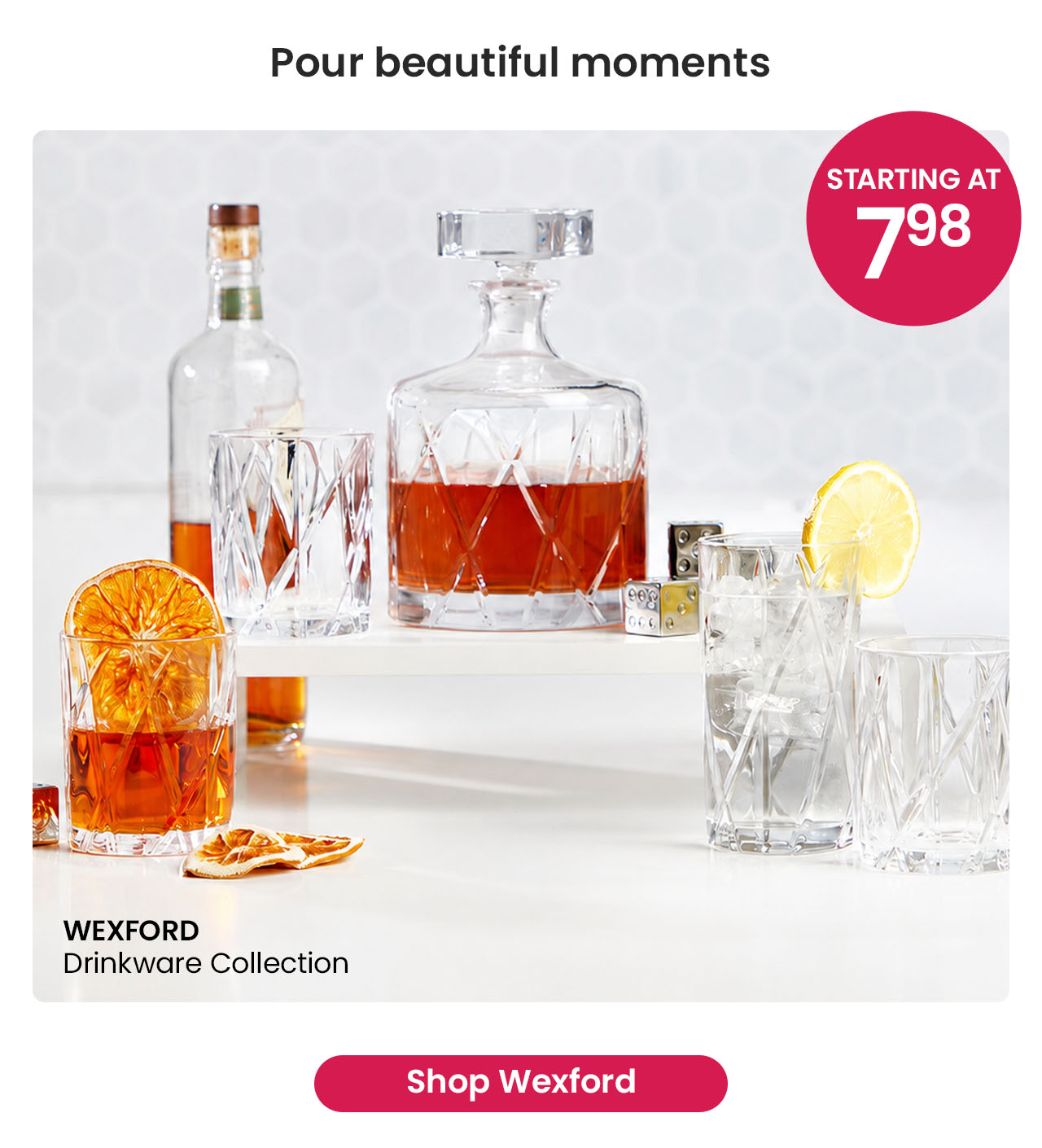 Crystal-style drinkware collection with a decanter and assorted glasses