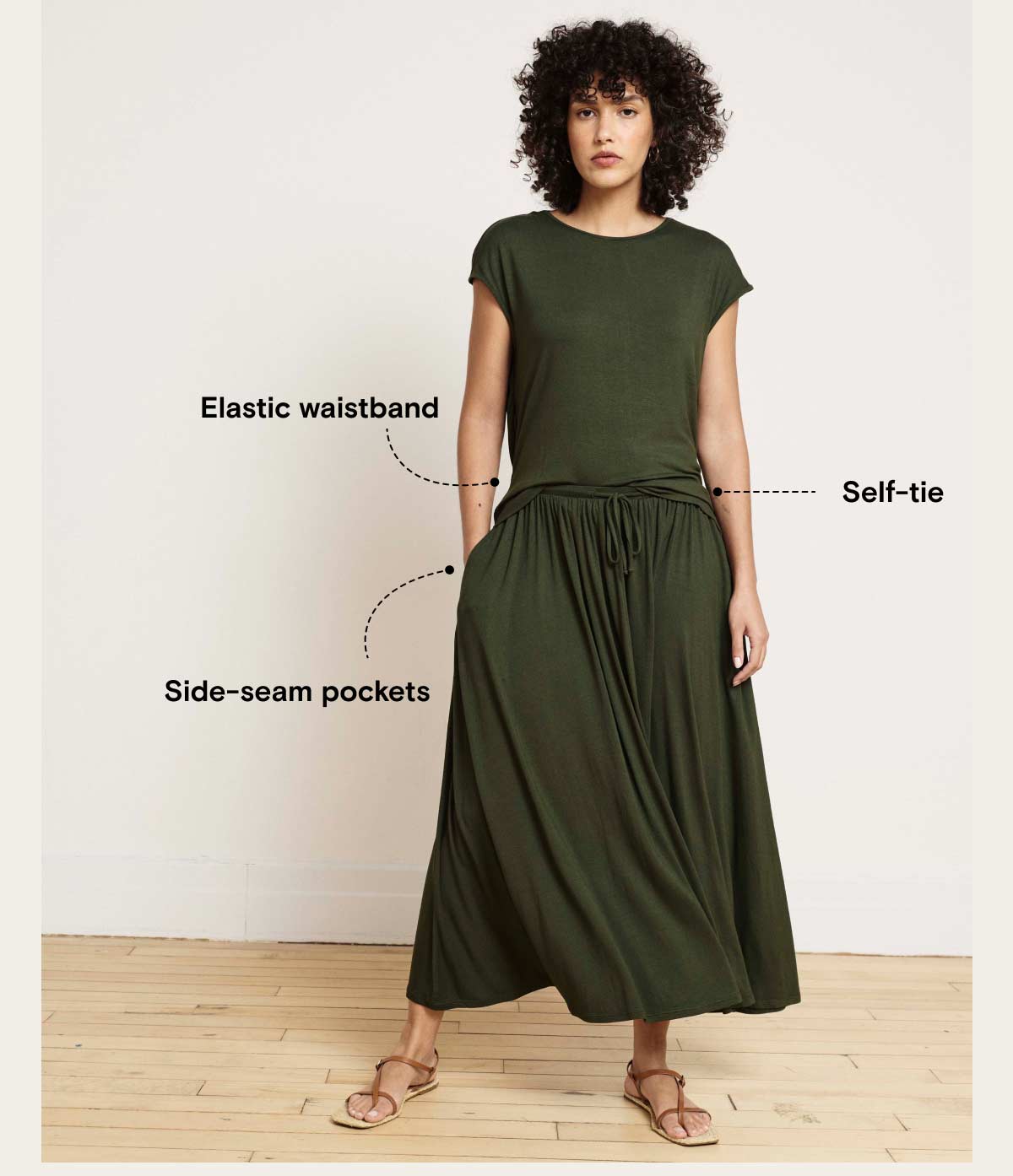 Elastic Waist, Self Tie, Side Seam Pockets
