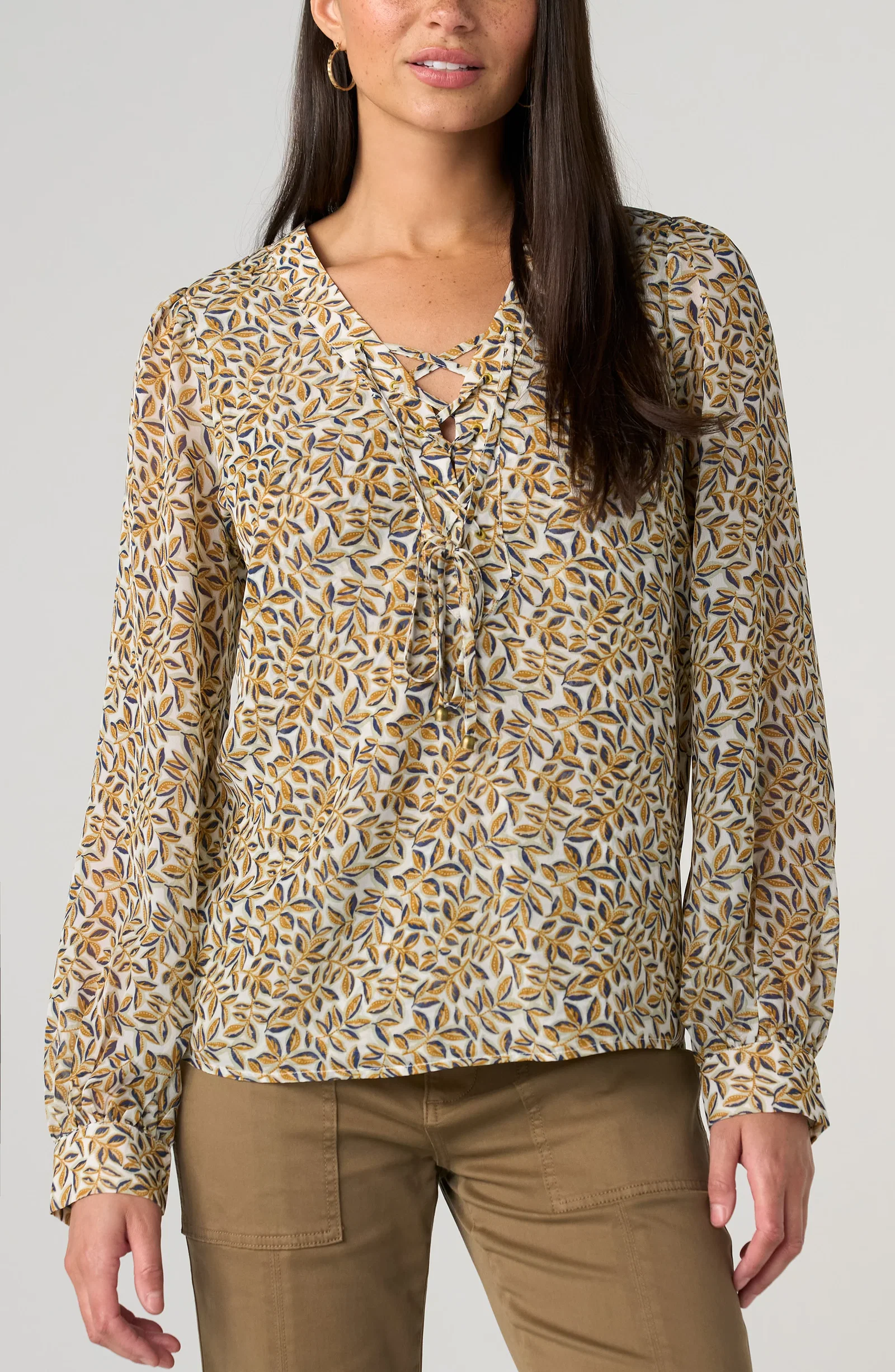 Image of LONG SLEEVE LACE UP WOVEN BLOUSE