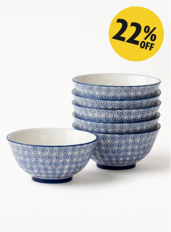 16cm Hand Printed Stoneware Cereal Bowls - Pack of Six