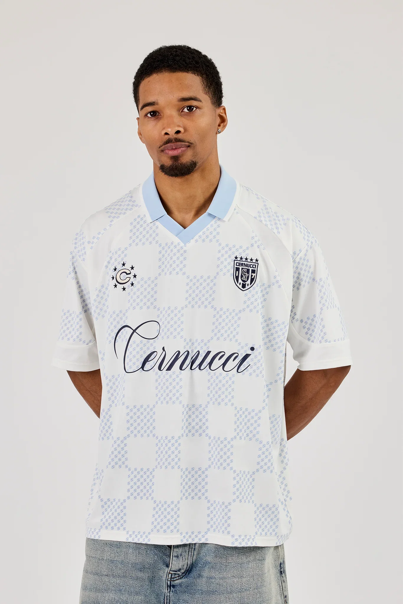 Image of Check Printed Football Top - Light Blue