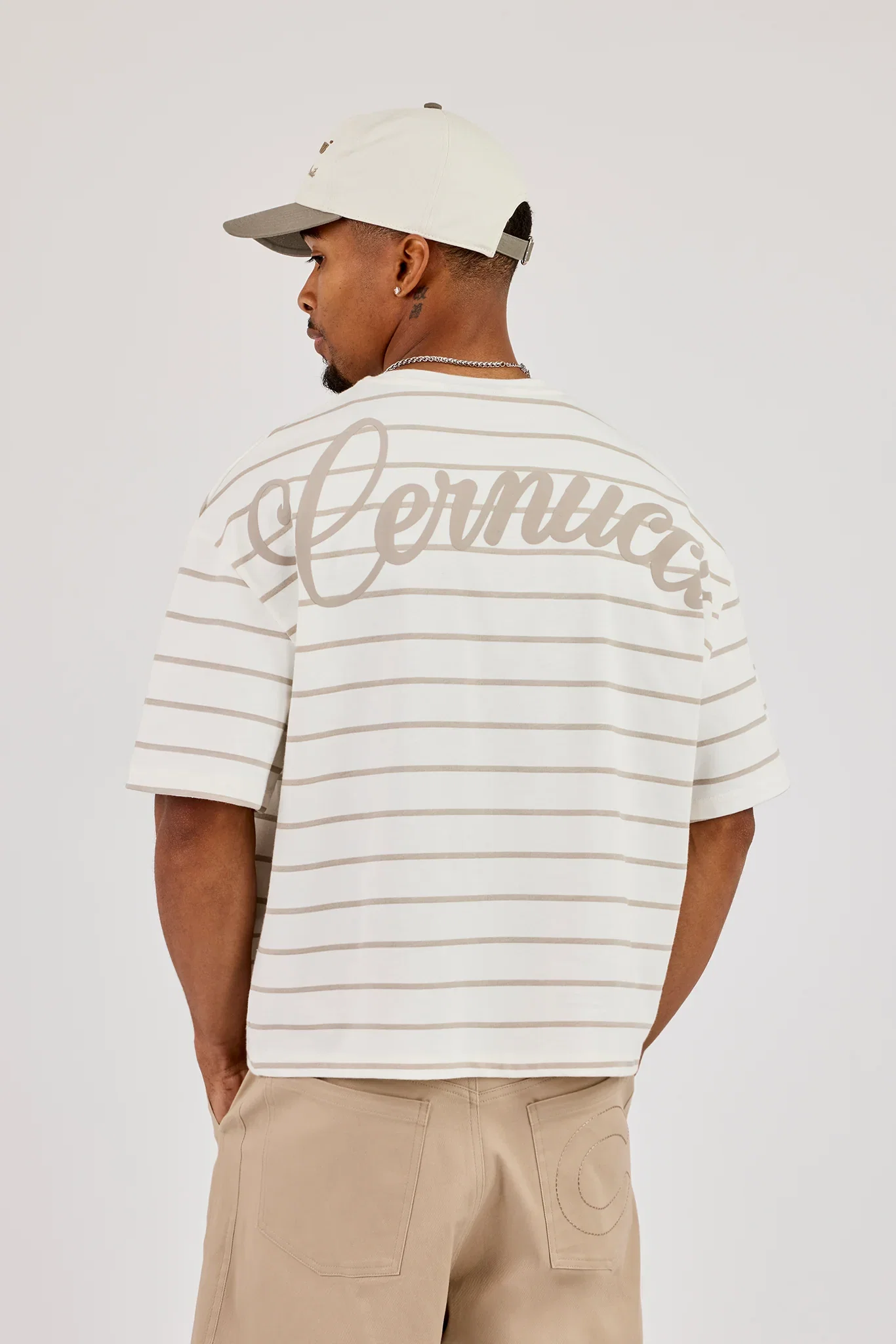 Image of Boxy Stripe Logo T-Shirt - Taupe