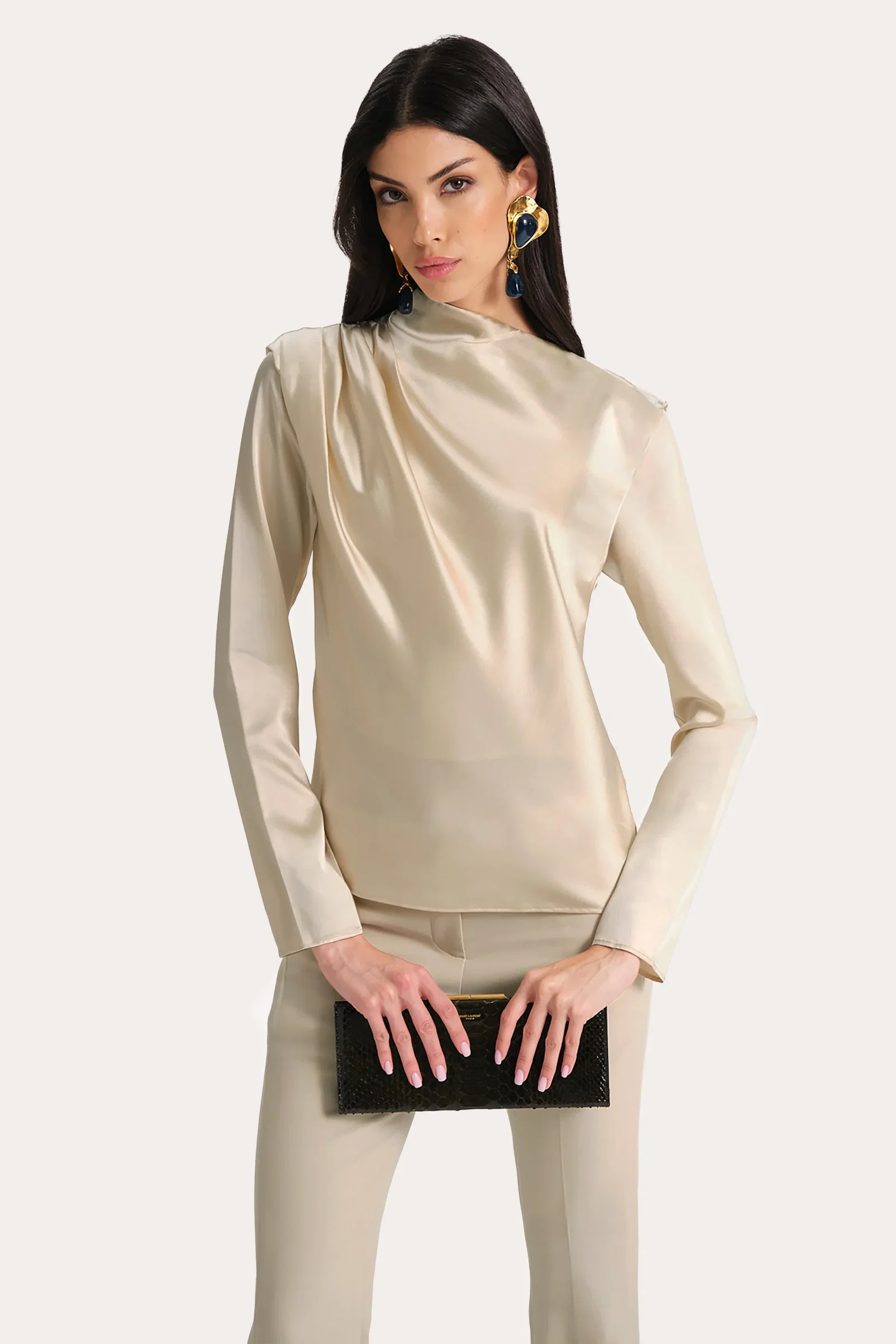 Image of Leah Silk Charmeuse Ruched Long Sleeve Shirt