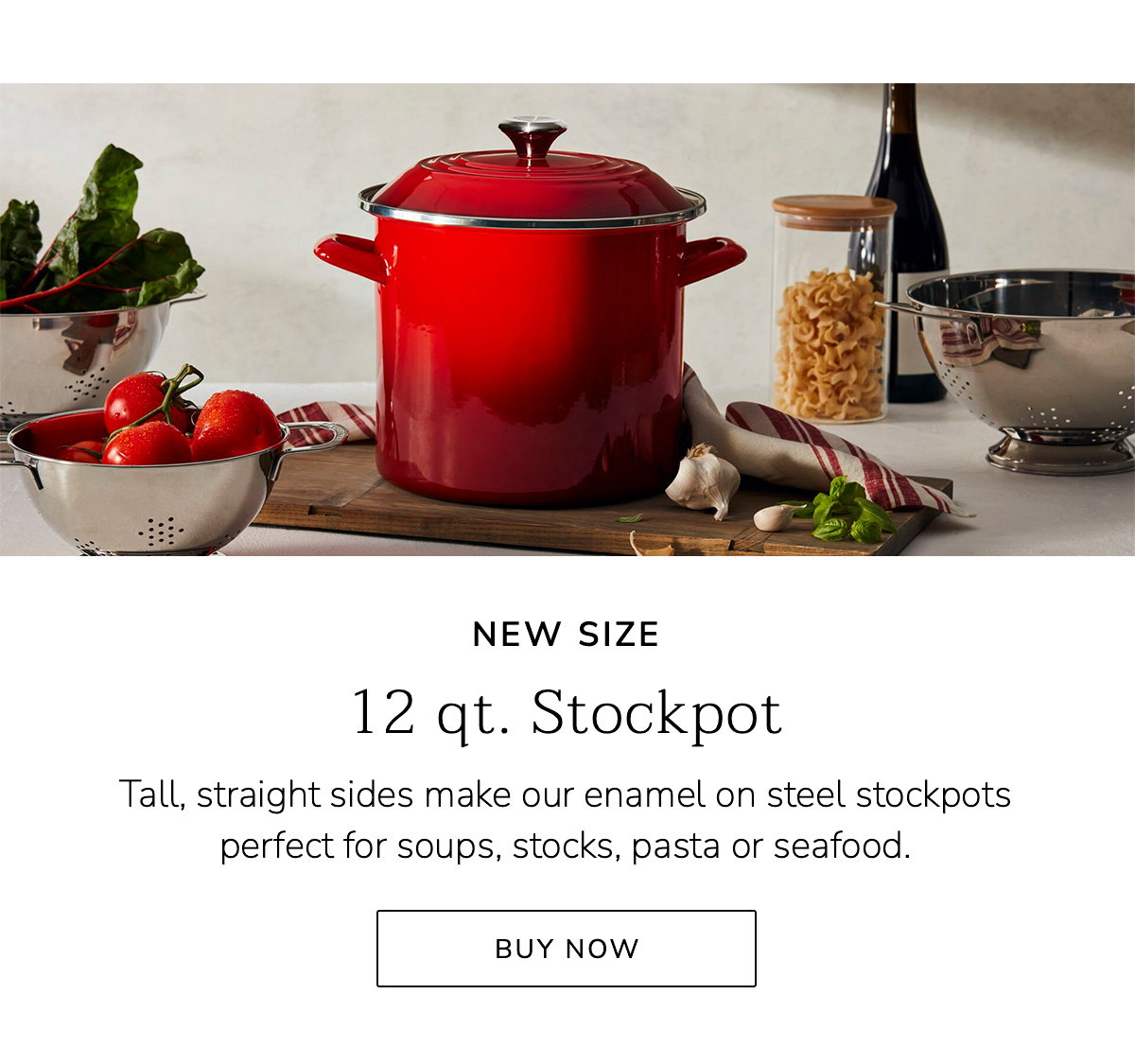 NEW SIZE - 12 qt. Stockpot: Tall, straight sides make our enamel on steel stockpots perfect for soups, stocks, pasta or seafood. - BUY NOW