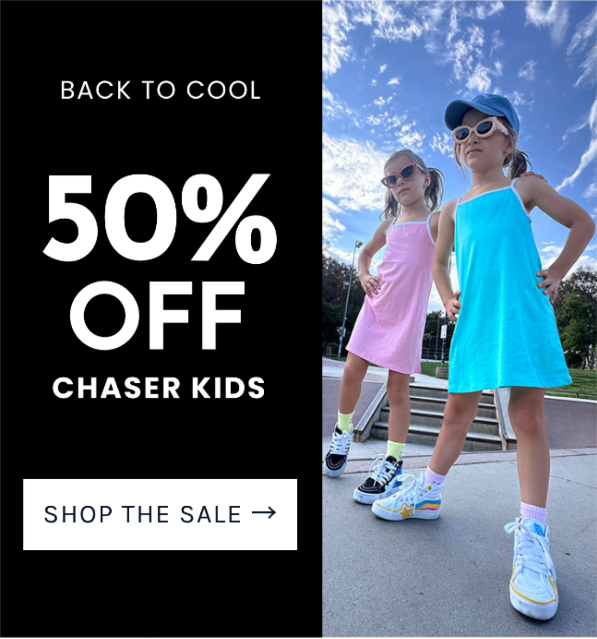 Chaser Kids girls in colorful dresses and sneakers posing at a skatepark for the Back to Cool 50% off sale