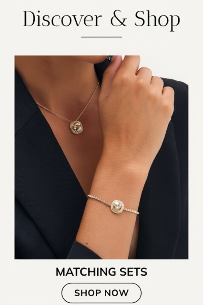 Woman wearing a matching necklace and bracelet set with a square pendant.