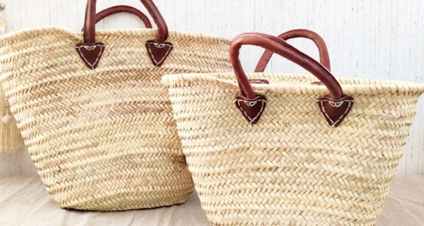 Sac cabas en feuilles de palmier tissée avec poignées en cuir