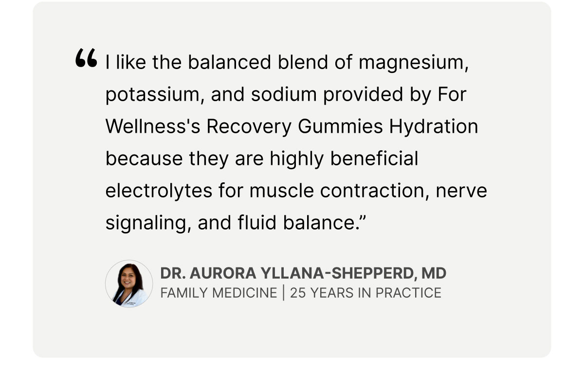 "I like the balanced blend of magnesium, potassium, and sodium provided by For Wellness's Recovery Hydration gummies because they are highly beneficial electrolytes for muscle contraction, nerve signaling, and fluid balance.” - Dr. Aurora Yllana-Shepperd, MD Family Medicine | 25 Years In Practice