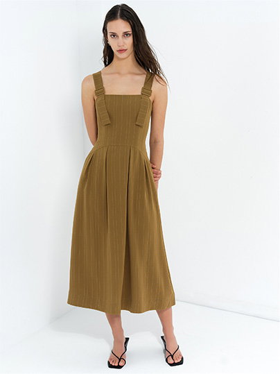 Erma Khaki Green Pinstripe Buckle Strap Midi Dress