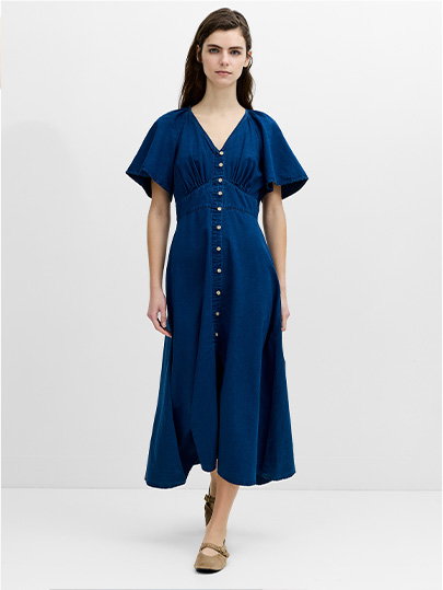 Zaves Chambray Navy Blue Flutter Sleeve Midi Dress