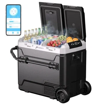 Hcalory P40M+ / P50M+ / P60M+ 40/50/60L Car Refrigerator Independent Dual Zone Temperature Control APP Bluetooth Control with Wheels 12V 24V 220-240V Wheels Divider Portable Compressor Cooler Freezer for Car Caravan RV Truck Home Camping