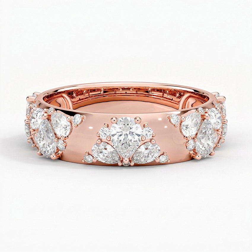 14K Rose Gold Mosaic Lotus Pear and Round Diamond Ring