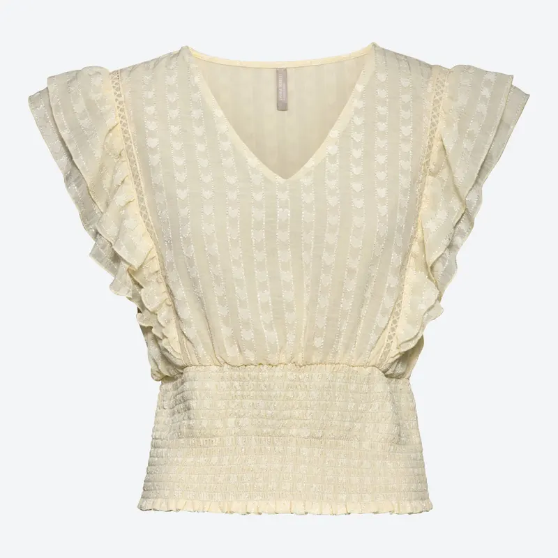 Bluse, creme, V-Ausschnitt, kurze Rüschenärmel, elastischer Bund, Vorderansicht