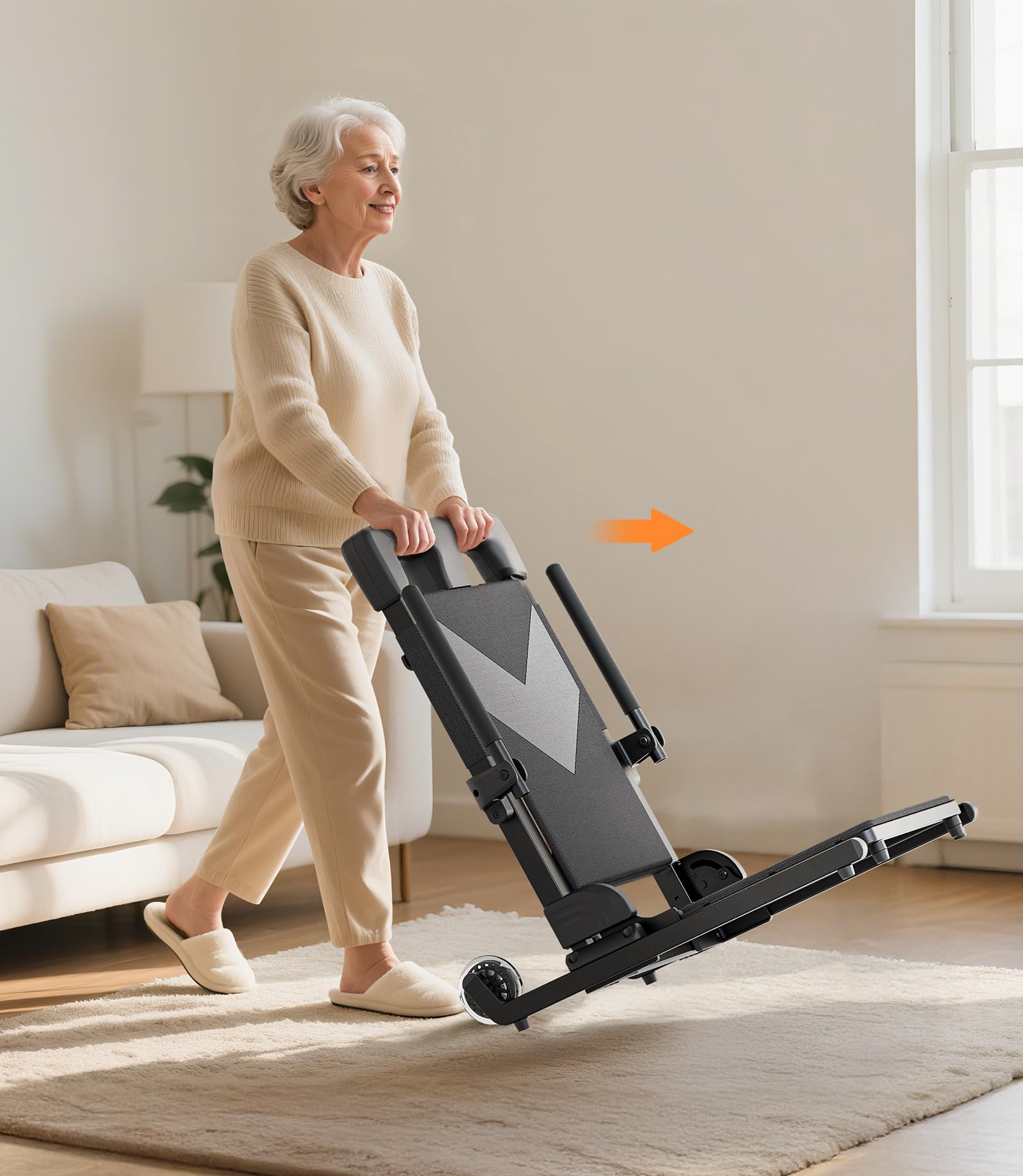A woman rolling the AX25 across a living room using its large rear wheels