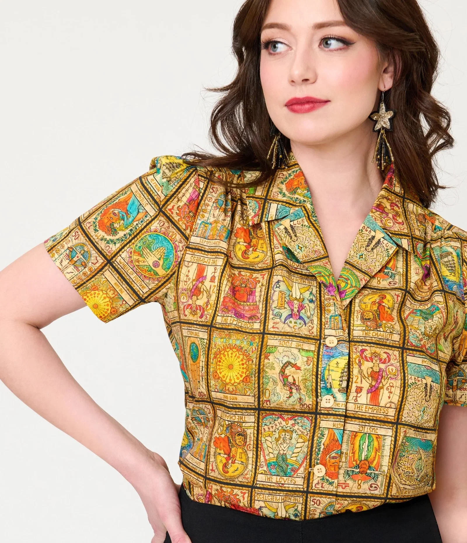 Image of Unique Vintage Tarot Print Notched Collar Blouse