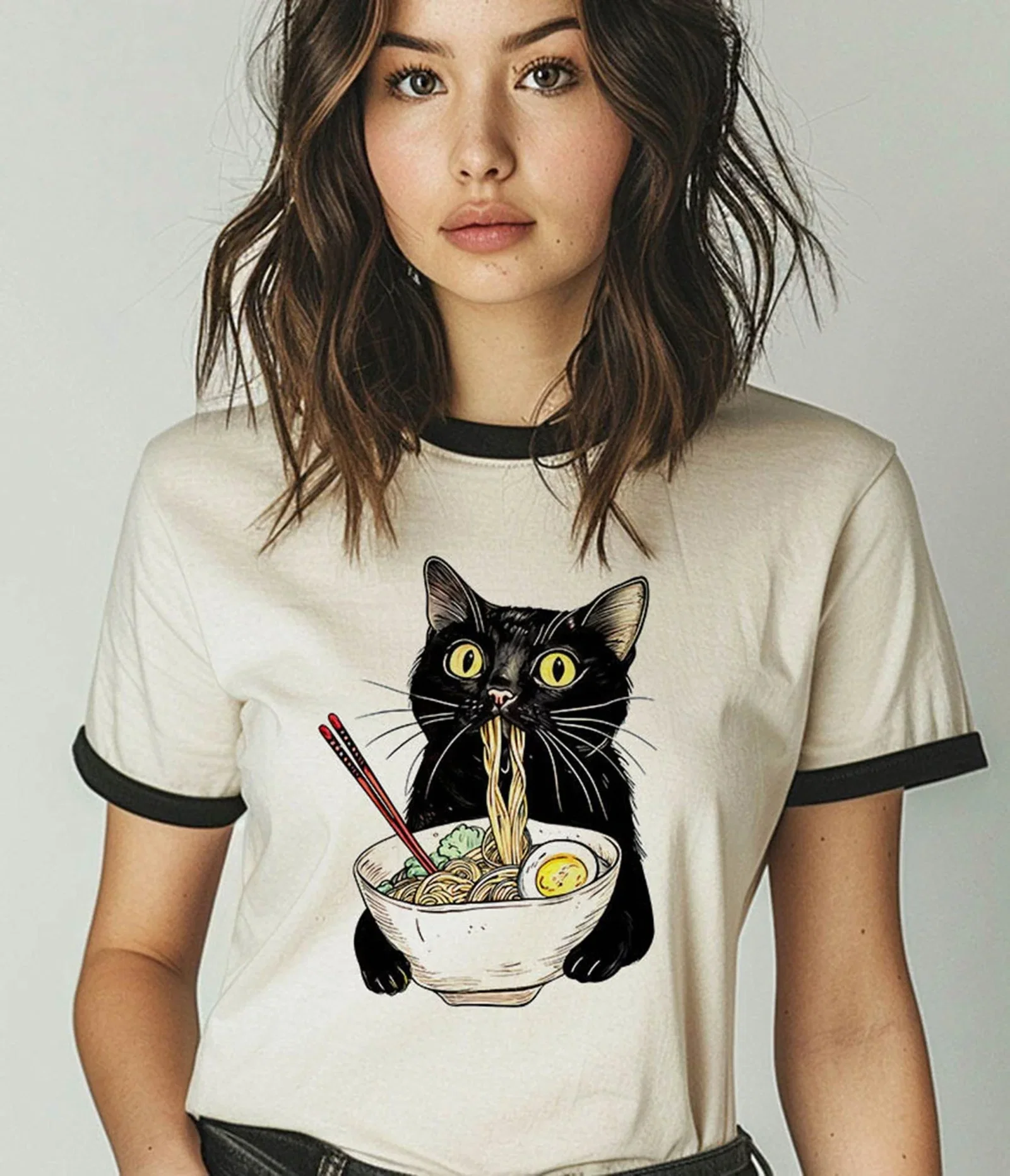 Image of Cat Eating Ramen Unisex Ringer Graphic Tee