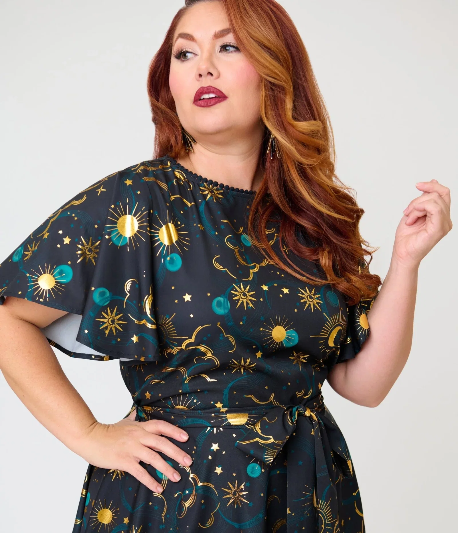 Image of Unique Vintage Plus Size Black Celestial Print Swing Dress