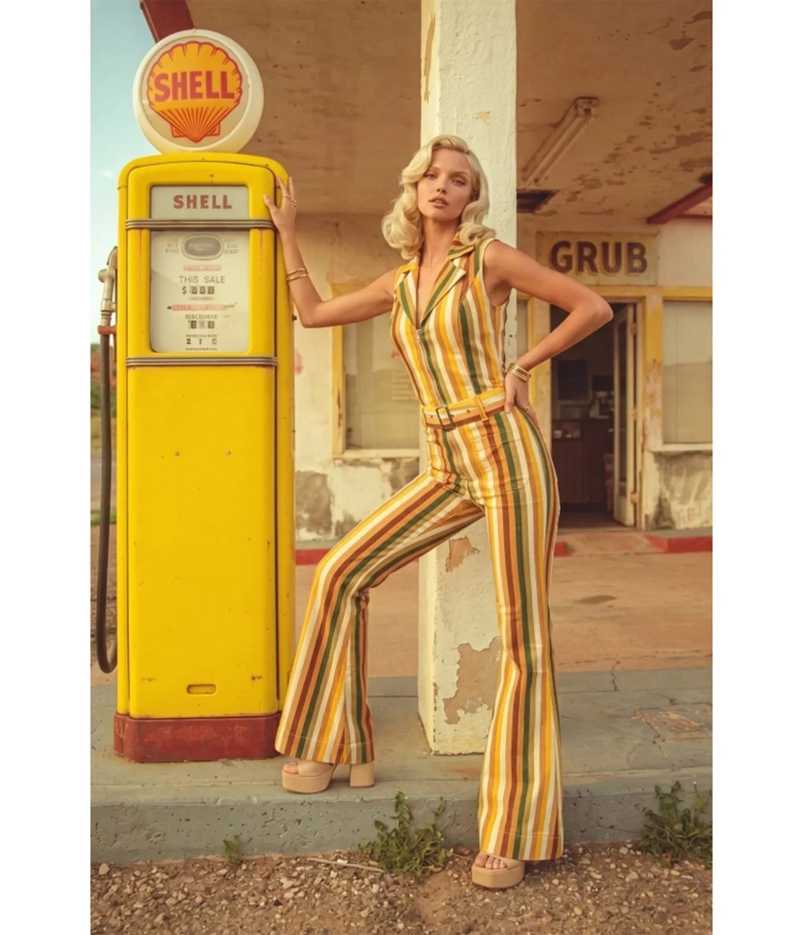 Image of Mustard Striped Denim Belted Jumpsuit