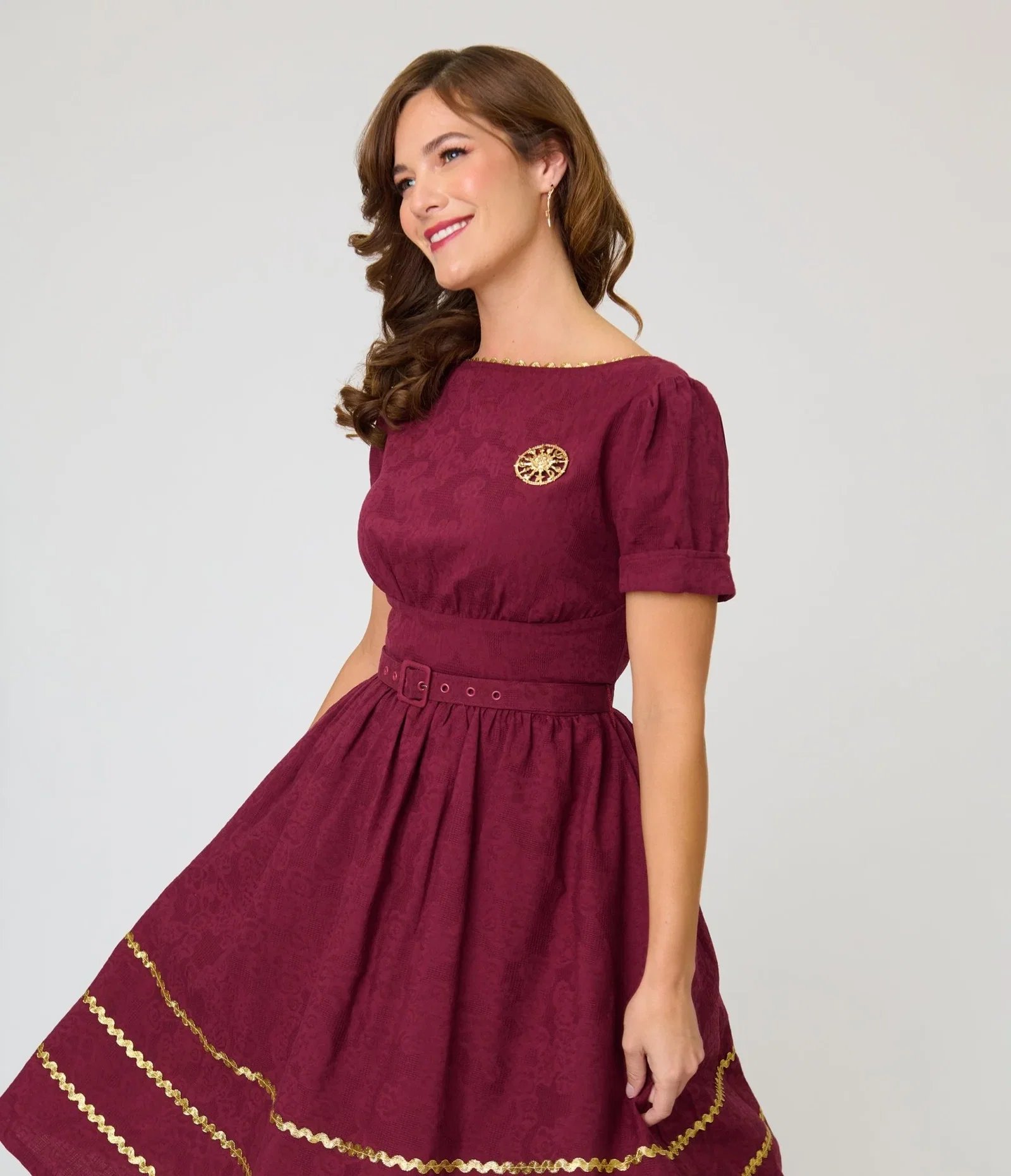 Image of Unique Vintage Burgundy Celestial Pin Swing Dress
