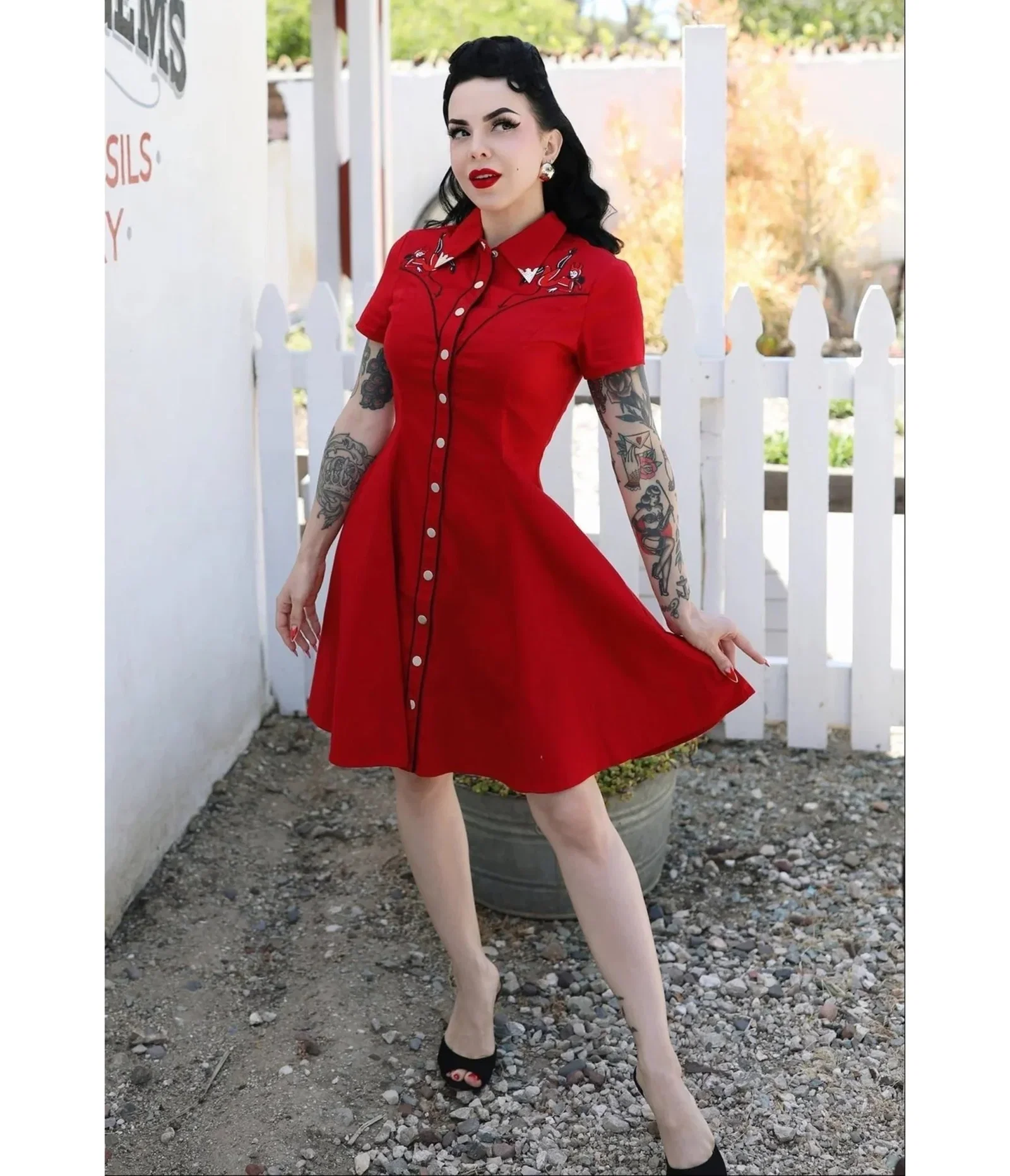 Image of Elle Rebel Red Embroidered Western Shirt Dress