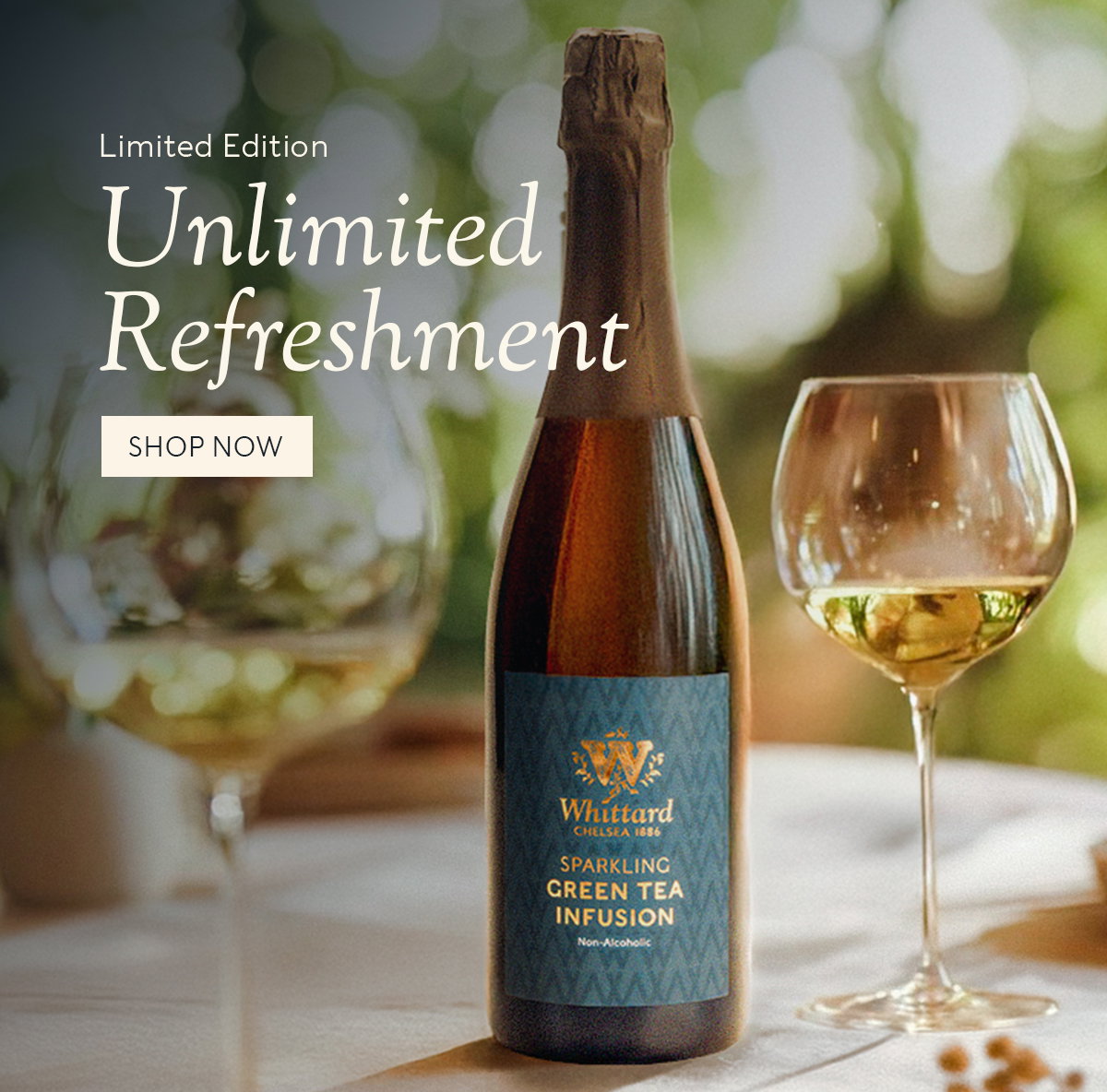 image of sparkling green tea with 'limited edition. Unlimited Refreshment' and a shop now cta 