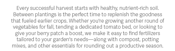 Every successful harvest starts with healthy, nutrient-rich soil. Between plantings is the perfect time to replenish the goodness that fueled earlier crops. Whether you're growing another round of vegetables for fall, tending a dedicated tomato bed, or looking to give your berry patch a boost, we make it easy to find fertilizers tailored to your garden's needs—along with compost, potting mixes, and other essentials for rounding out a productive season.