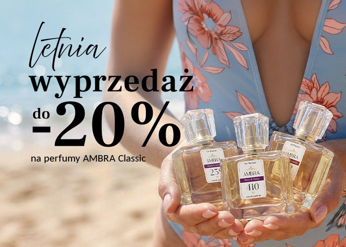 Woman in floral swimsuit holding three AMBRA Classic perfume bottles on a sunny beach, summer sale up to 20% off text overlay