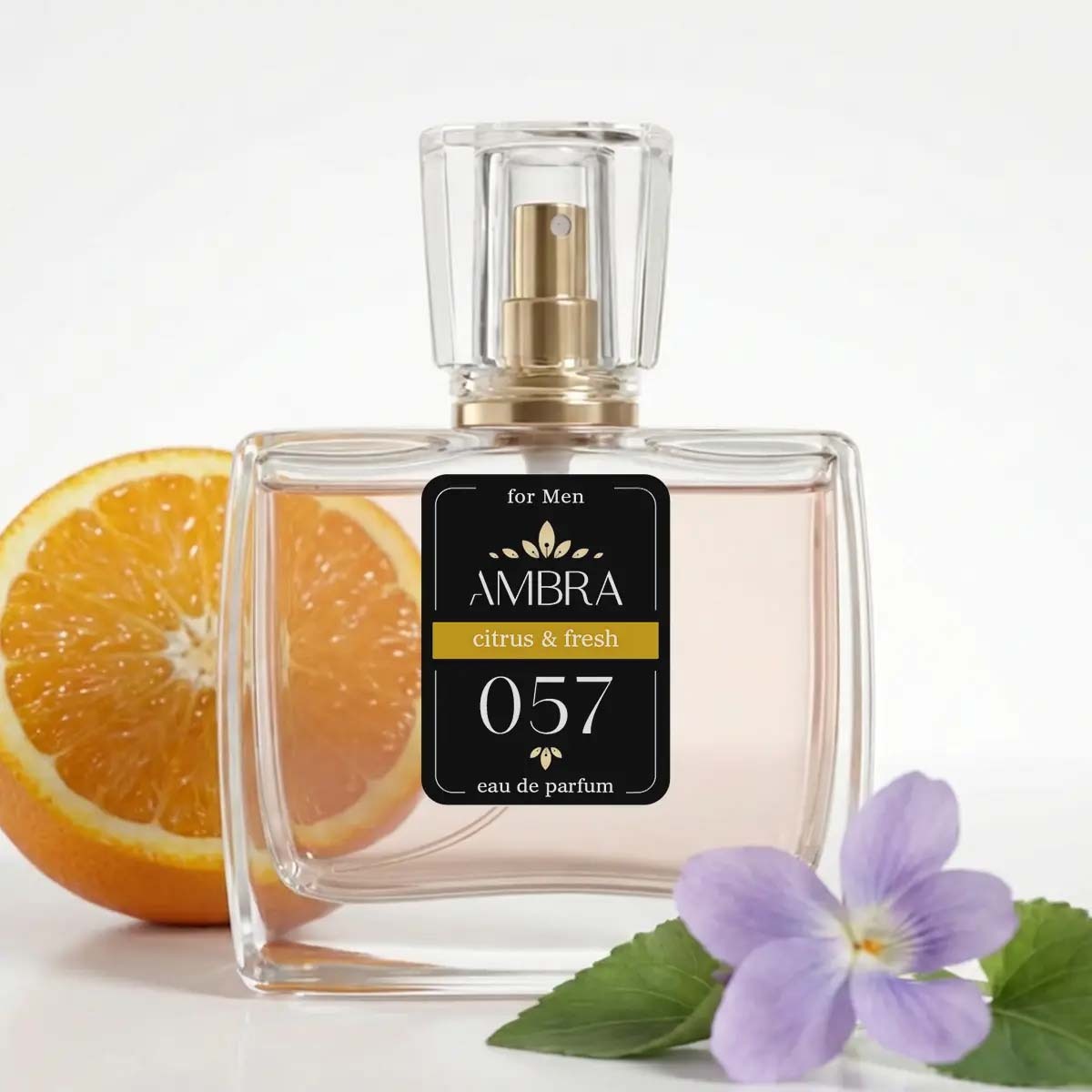 Clear Ambra 057 eau de parfum bottle for men labelled "citrus & fresh" with an orange slice and violet flower