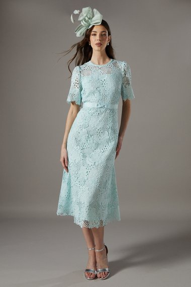 Lace Midi Dress With Bow Belt