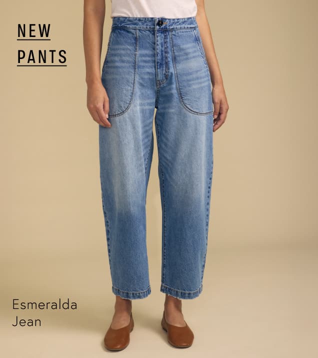 Image shows a model wearing the Esmeralda Pants in Indigo.
