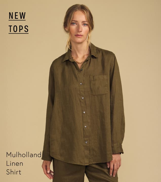 Image shows a model wearing the Mulholland Top in Musk.