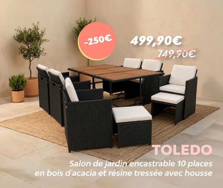 Salon de jardin encastrable 10 places en bois d'acacia et résine tressée avec housse TOLEDO