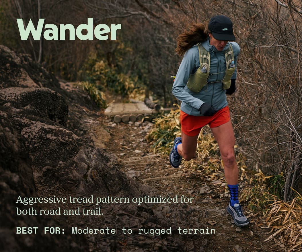 Wander: aggressive trad pattern optimized for both road and trail. best for moderate to rugged terrain