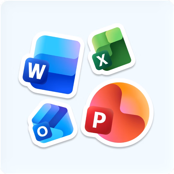 Graphic showing Microsoft 365 icons for Word, Excel, Powerpoint, and Outlook