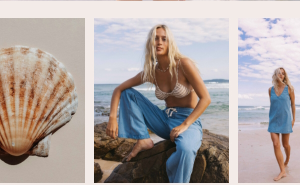 A seashell, model wearing Essential salt washed denim over a bikini, and a model wearing a saly washed denim dress on the beach.