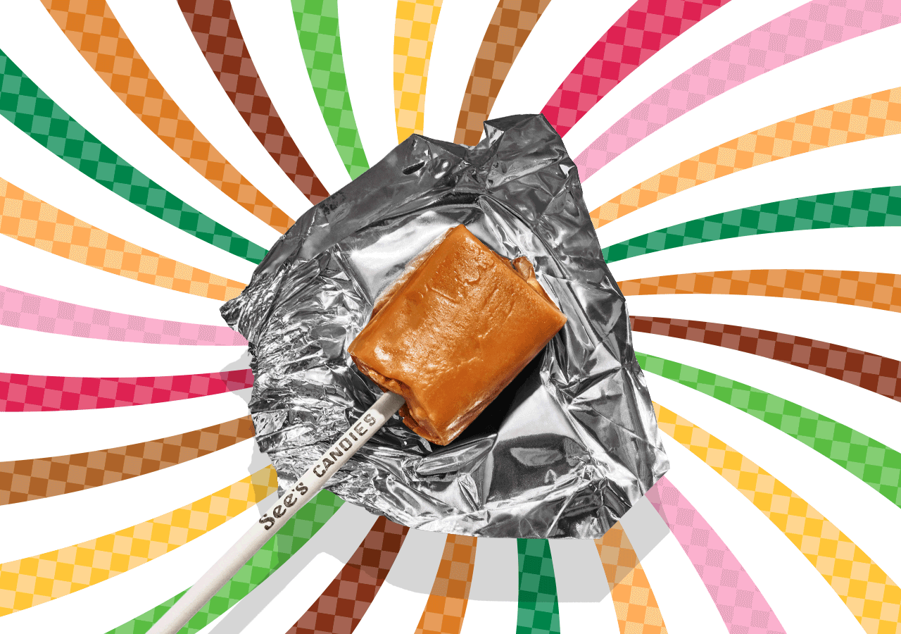 Butterscotch Lollypop on rotating rainbow spiral background