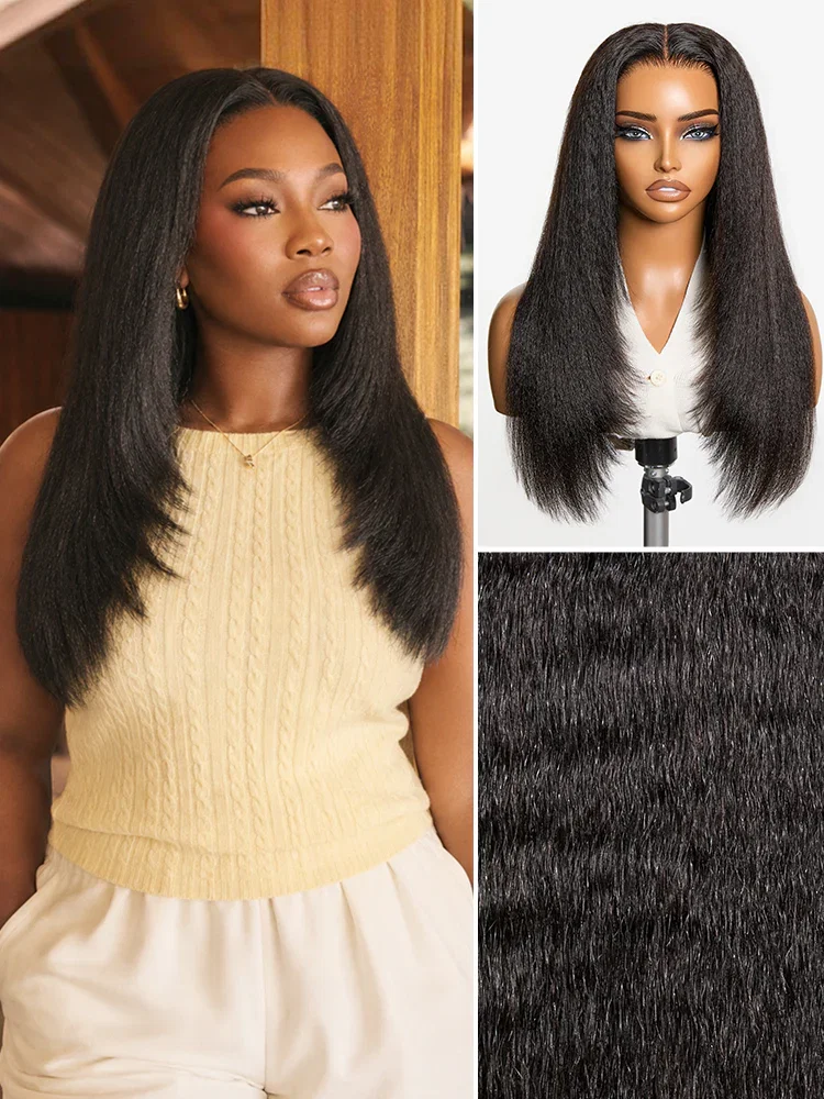 Image of 180% Density Light Kinky Straight Butterfly Cut Layered  Glueless 7x6 Closure HD Lace Wig Pre-Cut Lace