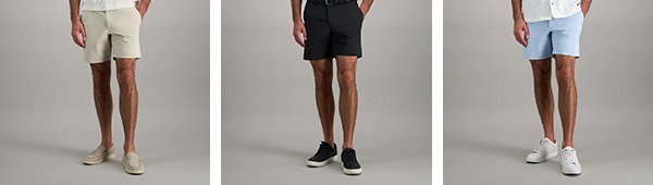 Men pose in different outfits combining Haggar casual shirts with Haggar shorts