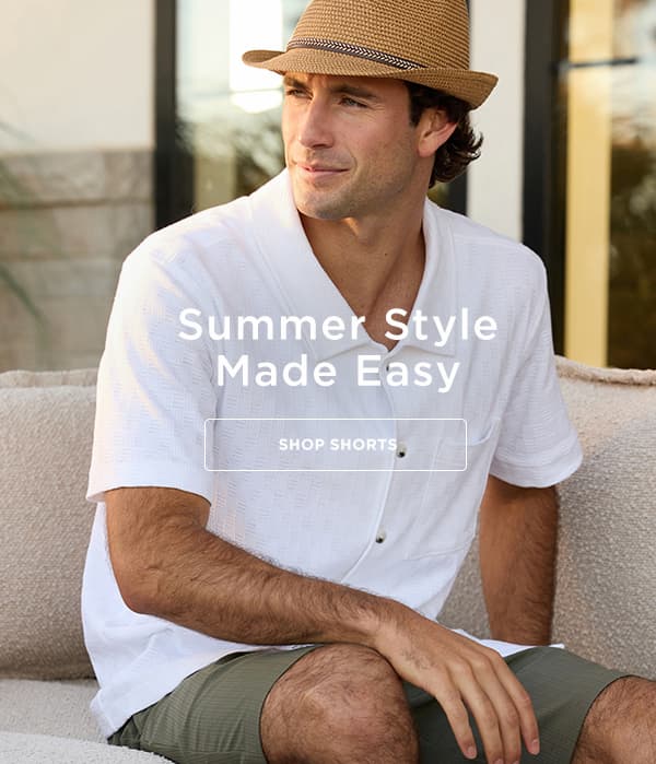 Man poses in a Haggar outfit, headline says, "Summer Style Made Easy".