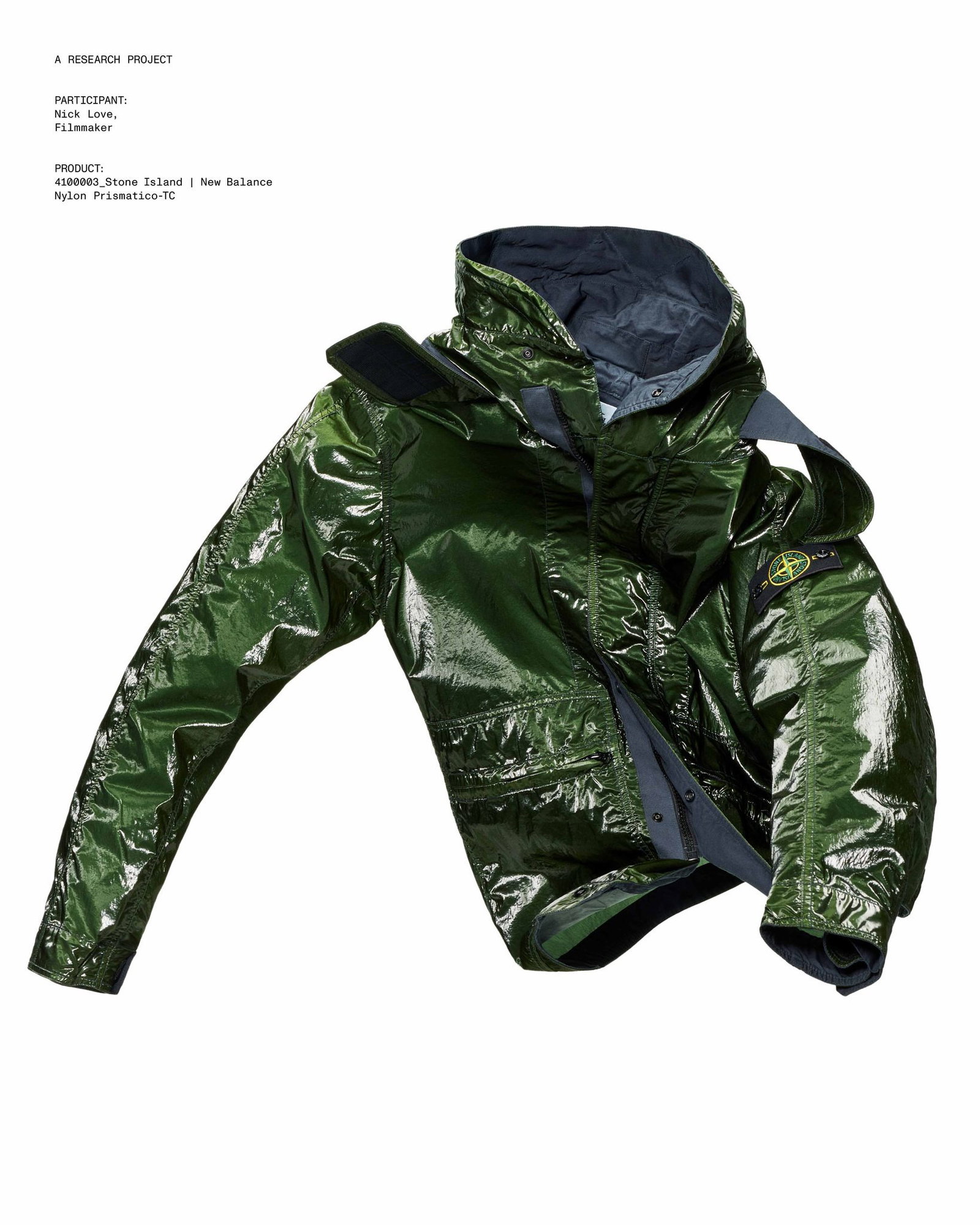 Glossy dark green Stone Island hooded jacket with navy lining, sleeve compass badge and open front, isolated on white background