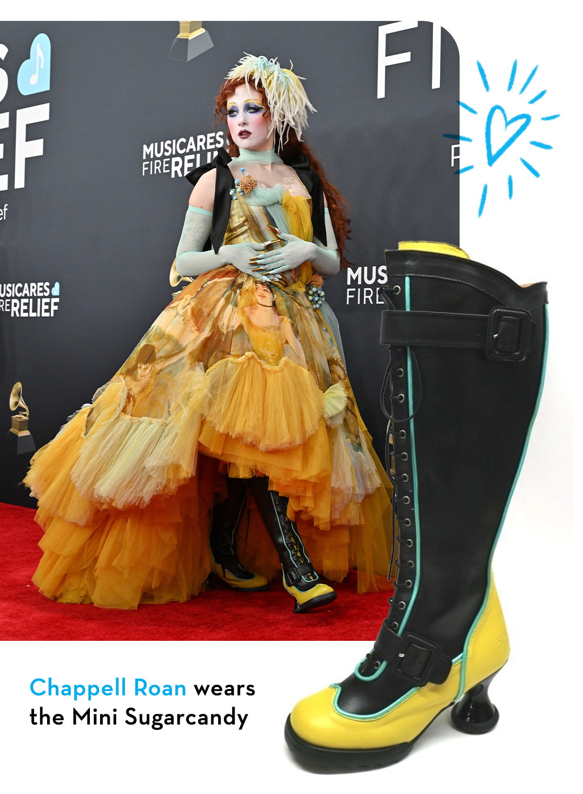 Chappell Roan wears a pair of Fluevog Mini Sugarcandy boots to the 2025 Grammys