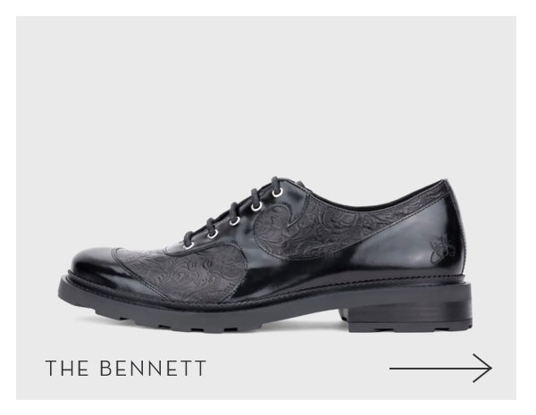A black low-cut, lace-up shoe called the Bennett