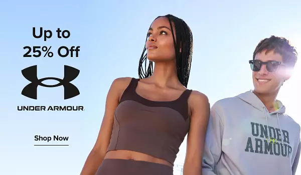 Image of a man and woman in activewear. Up to 25% off. Under Armour® logo. Shop now.