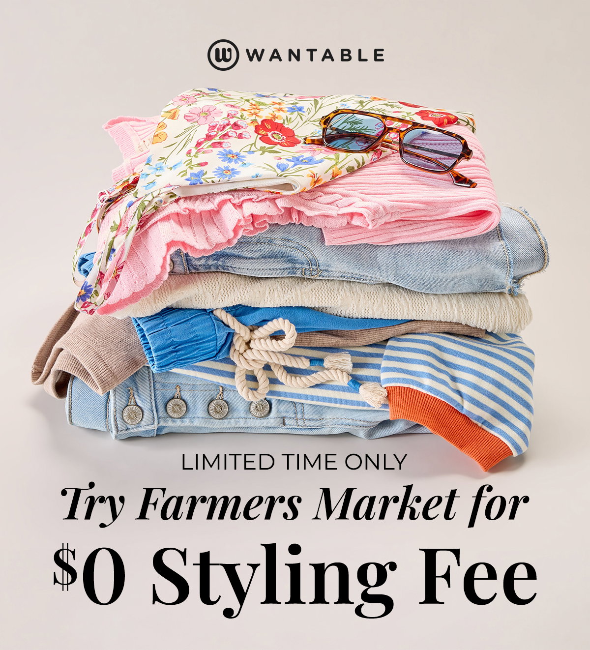 Farmers Market outfit stack with floral top pink knitwear denim stripes and tortoiseshell sunglasses.