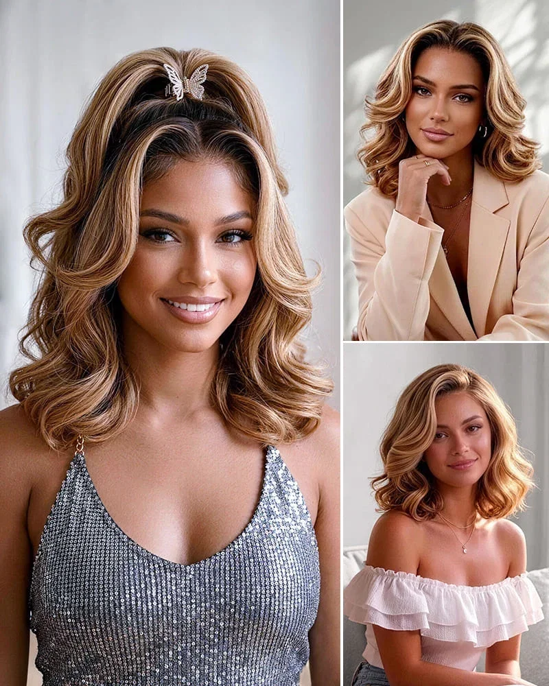 Arabella 13x6 Three-Go™ 280% High Density Ombre Highlight Honey Blonde Glueless Wig Loose Body Wave Bob Wig With Drawstring