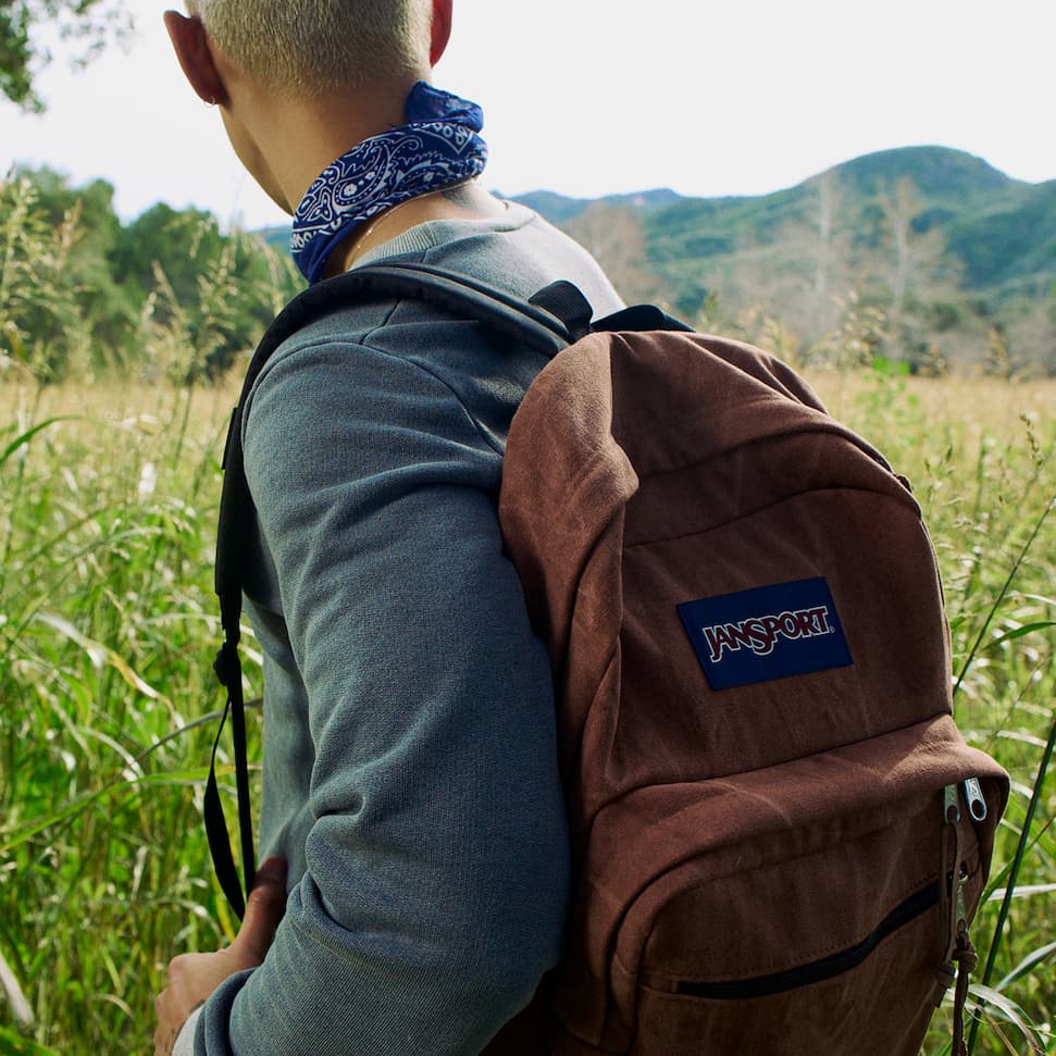 A man in a field looking at mountains wearing a Brown Right Pack Expression
