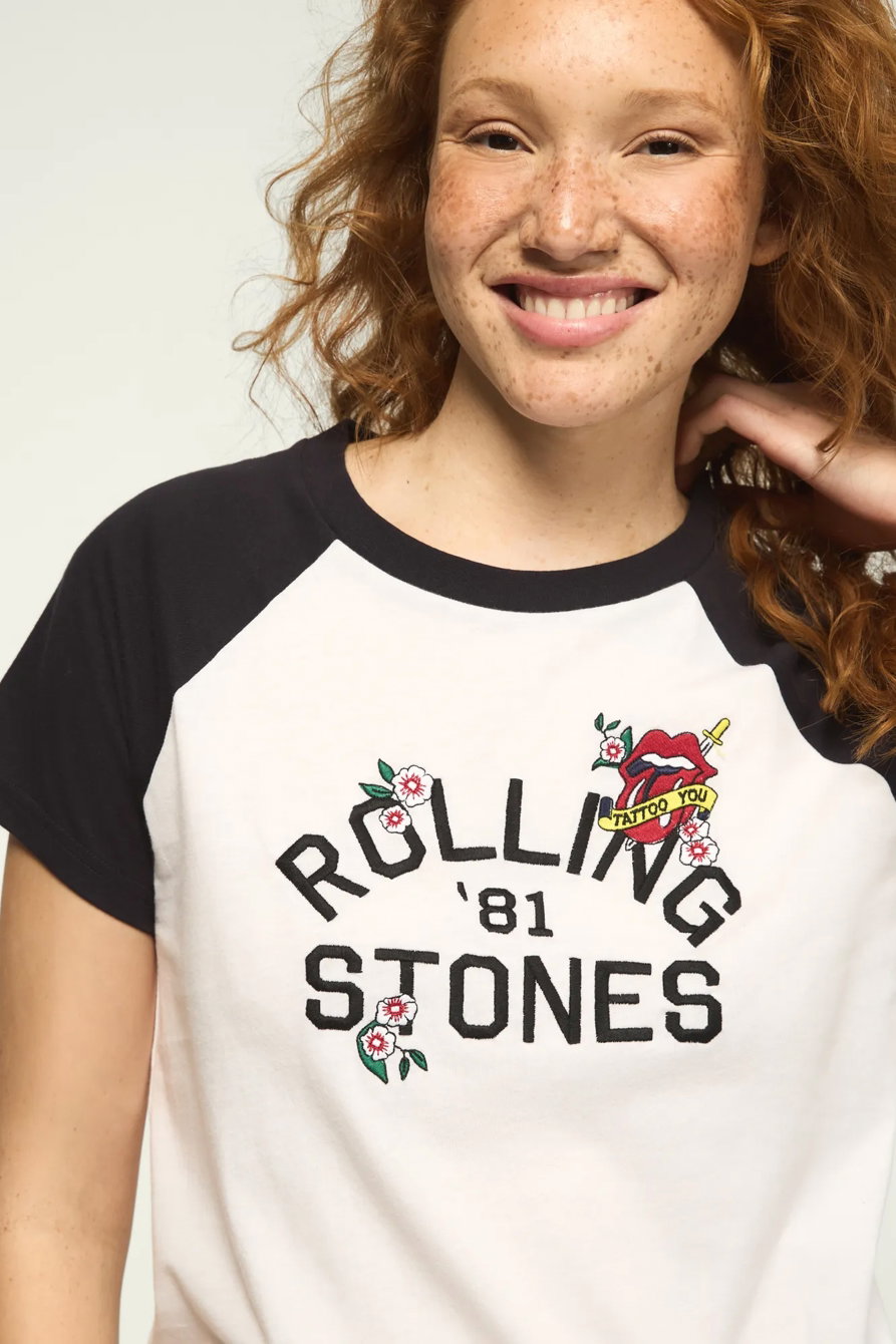 Image of Lucky Brand Rolling Stones Tattoo You Raglan Tee - Women's Clothing Tops Shirts Tee Graphic T Shirts in Bright White