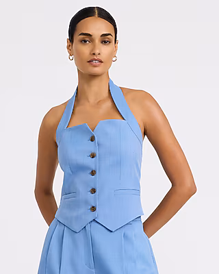 Twill Halter Button Front Cutaway Blazer Vest